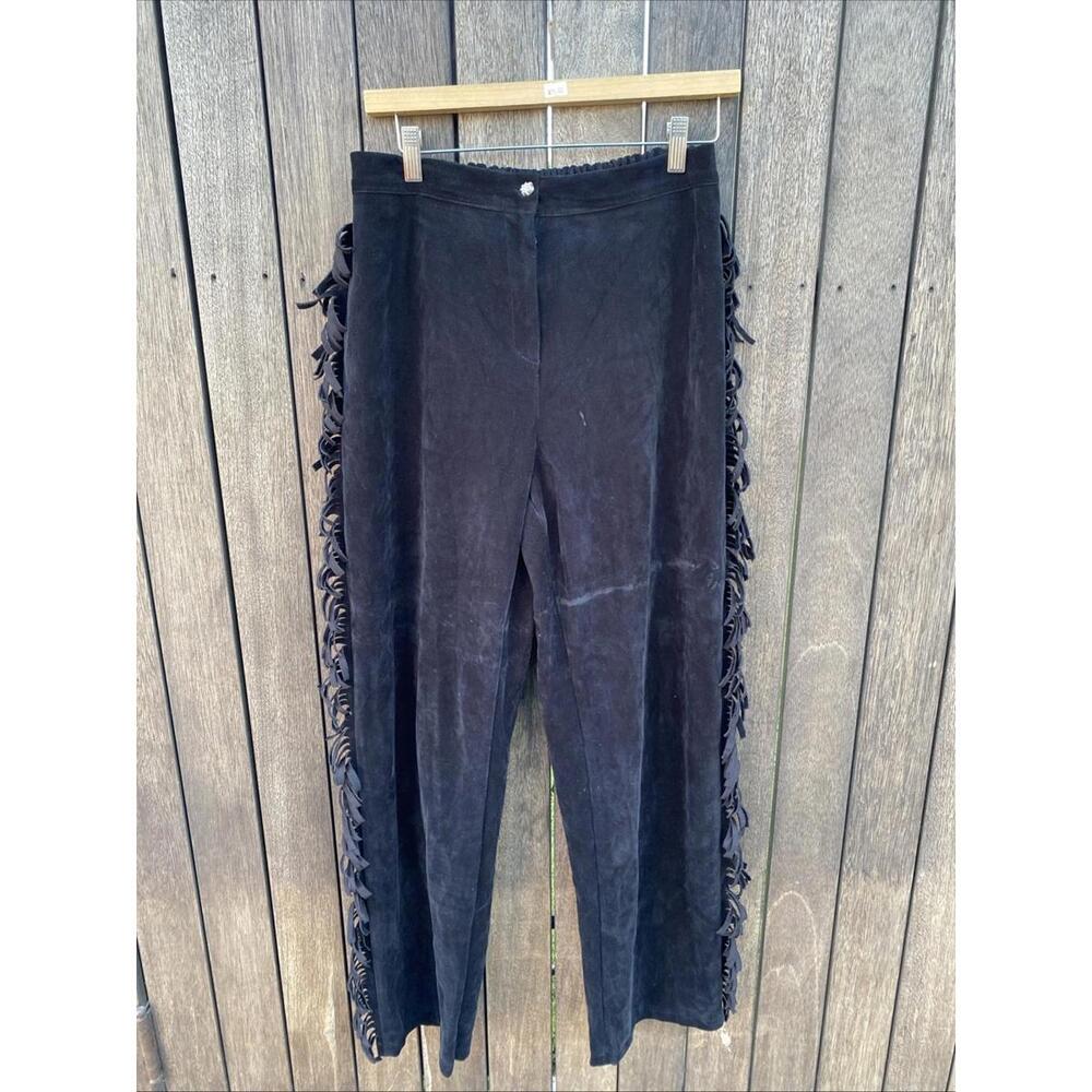 Vintage High Waisted Black Velvet Fringe Pants Elastic Back Size S Made In USA